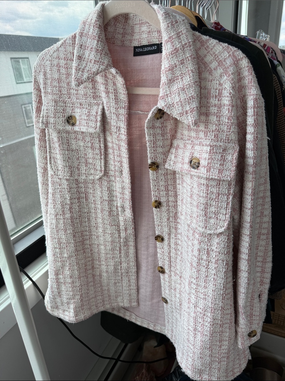 Nina Leonard small pink plaid schacket tweed pockets chic classic button coat